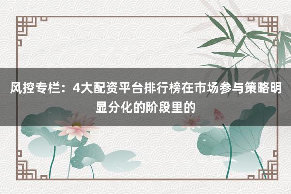 风控专栏：4大配资平台排行榜在市场参与策略明显分化的阶段里的